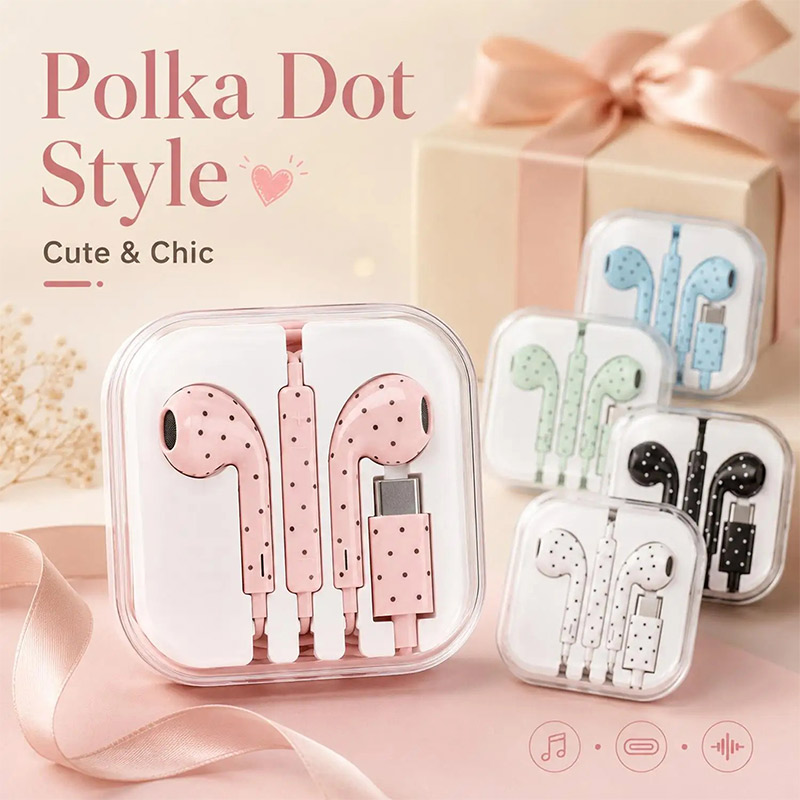 Type C Wired Earphones With Mic - Écouteurs filaires mignons à pois, type